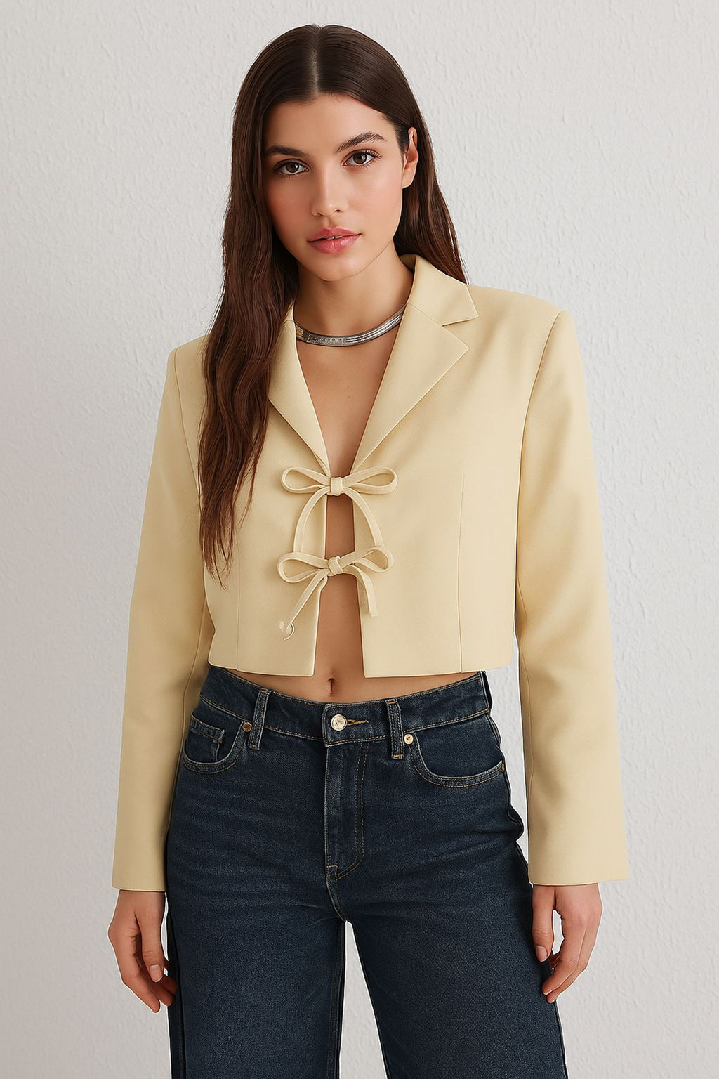 TRENDYOLMILLA Ac?k Mavi Baglama Detayl? Astarl? Crop Dokuma Blazer Ceket TWOSS25BC00025