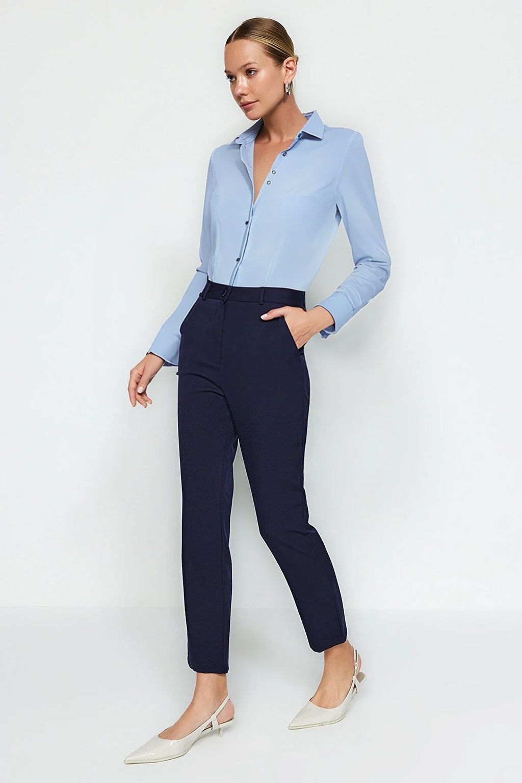 Lacivert Basic Cigarette Dar Paca Dokuma Kumas Pantolon TWOSS19ST0038