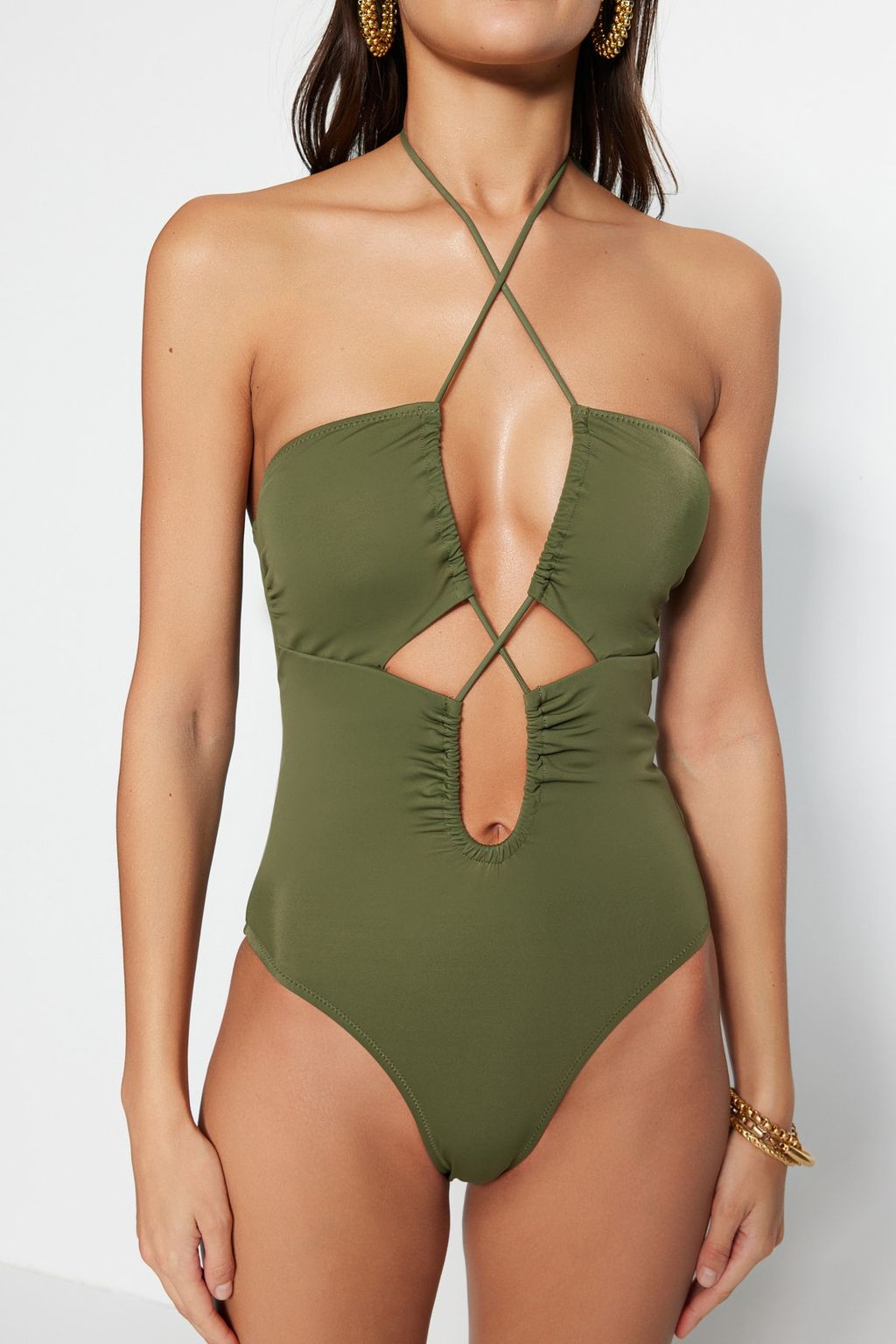 Haki Straplez Cut Out/Pencereli Normal Paca Mayo TBESS23MA00023