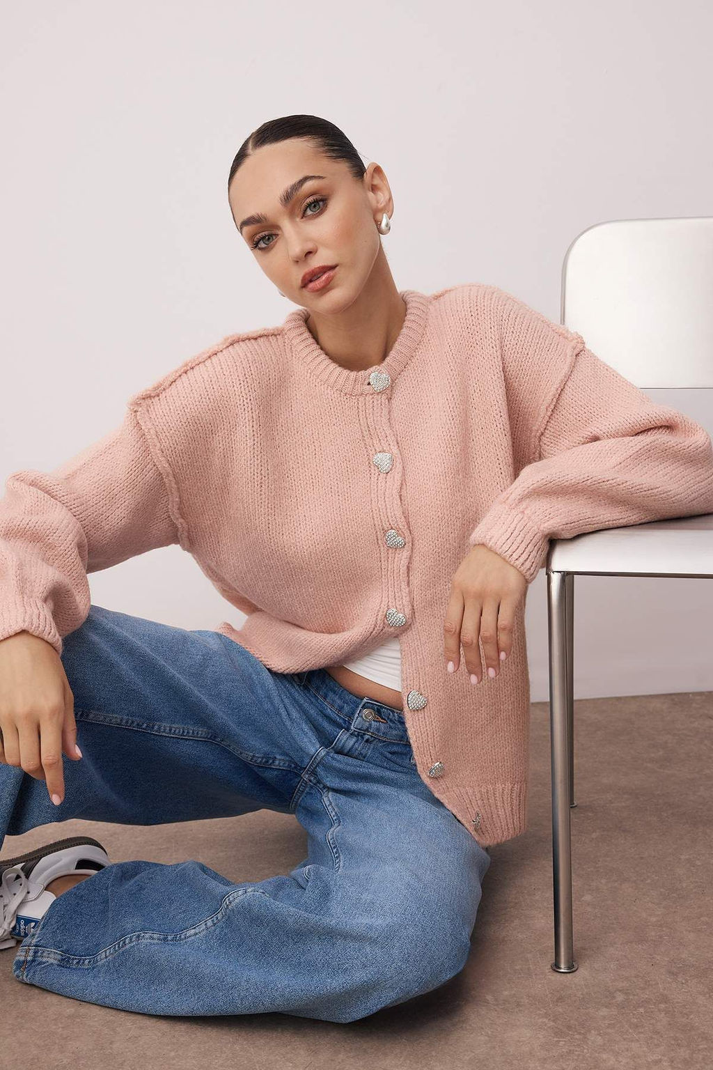 Pembe Yumusak Dokulu Kalp Dugmeli Genis Kal?p Triko H?rka TWOAW26HI00116 - Trendyolmilla фото 2