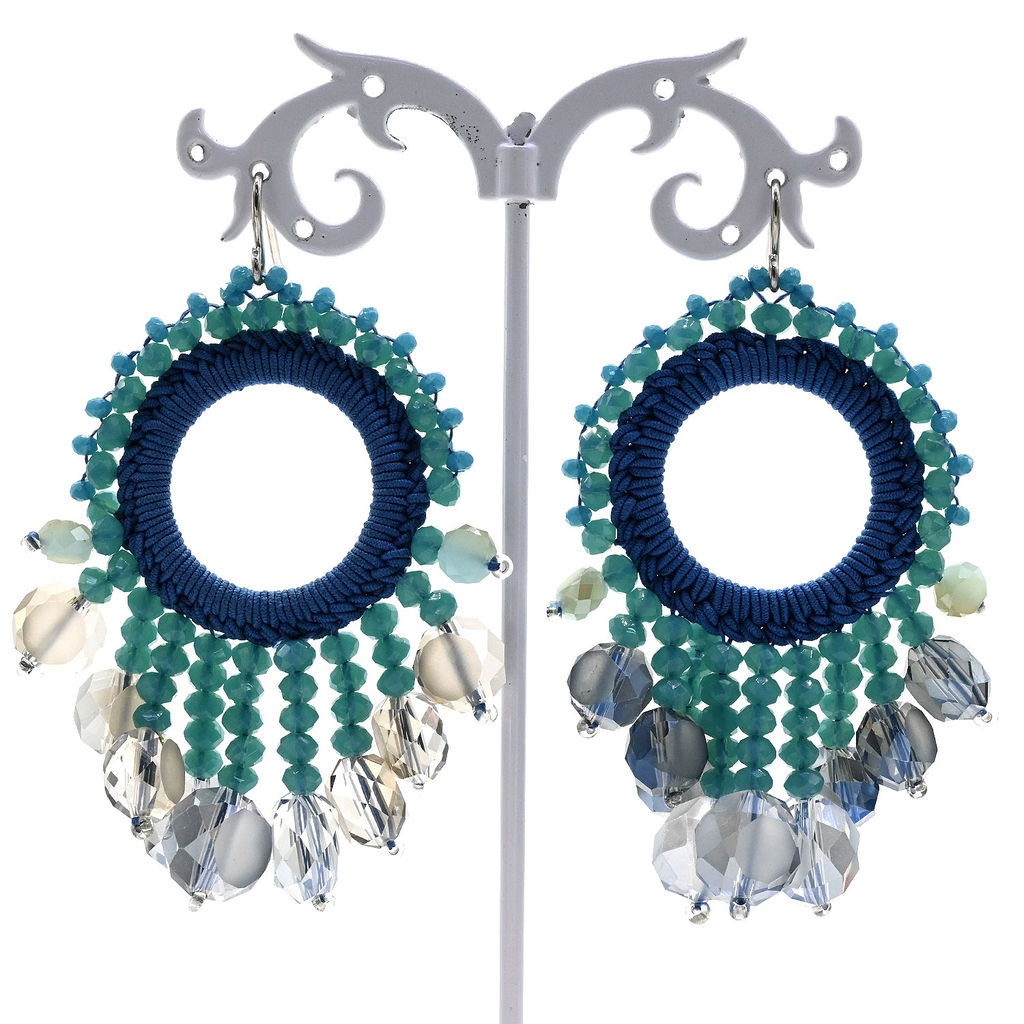 Серьги ручной работы с цирконами в оплетении цв.синий