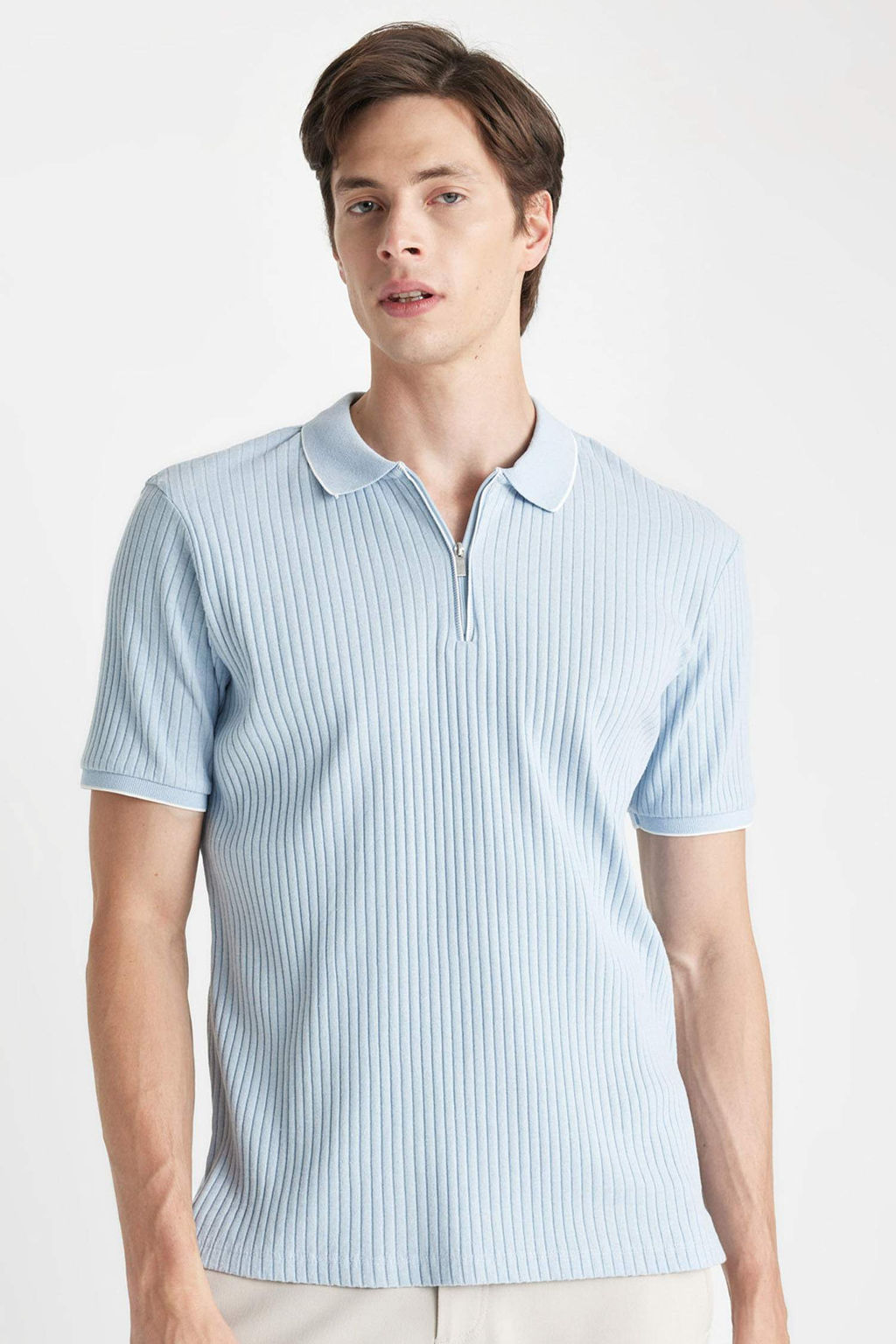 Slim Fit Dar Kesim Fermuarl? K?sa Kollu Polo Tisort - Defacto фото 8