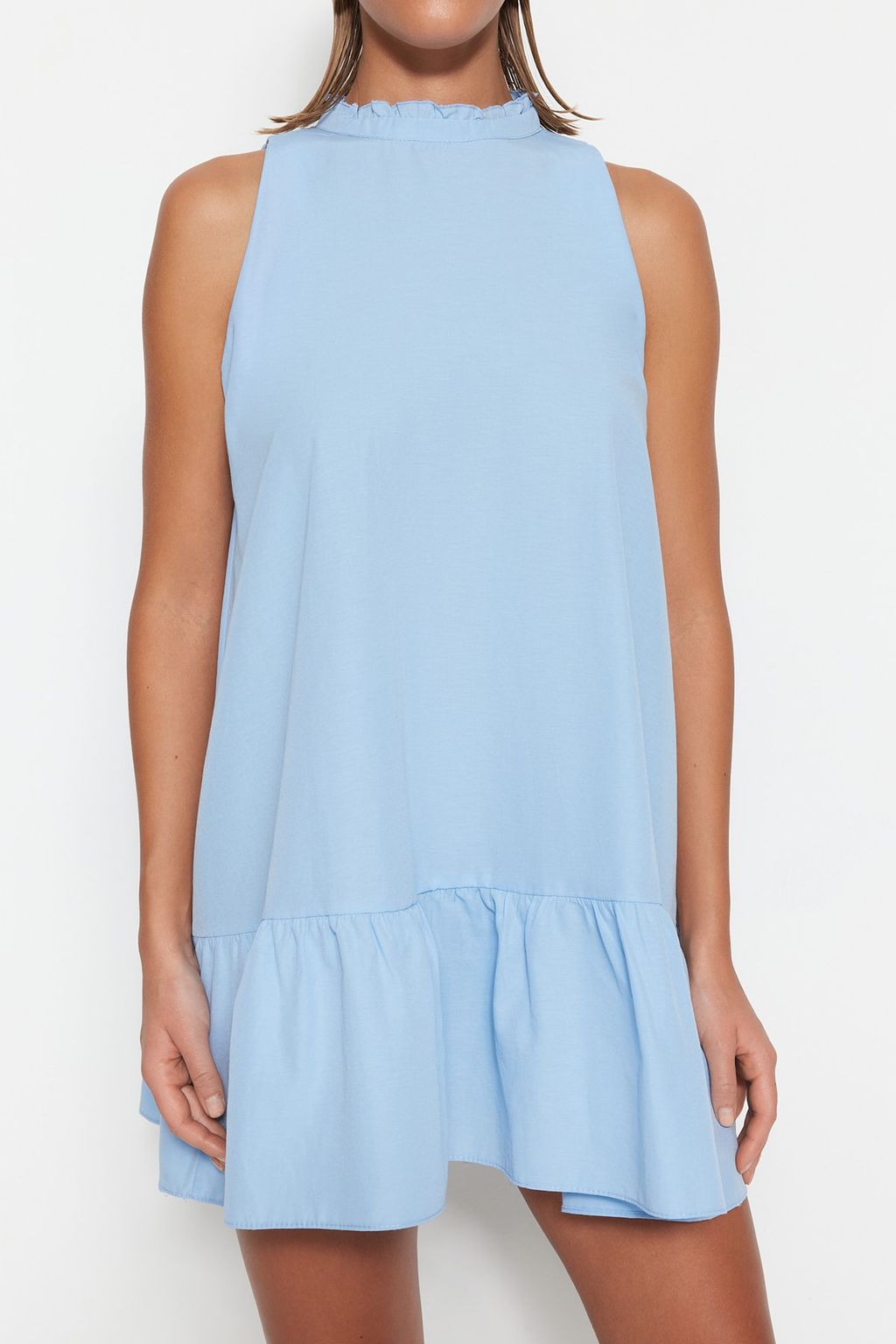 Mavi Rahat Kesim Kolsuz Mini Dokuma Elbise TWOSS22EL00139