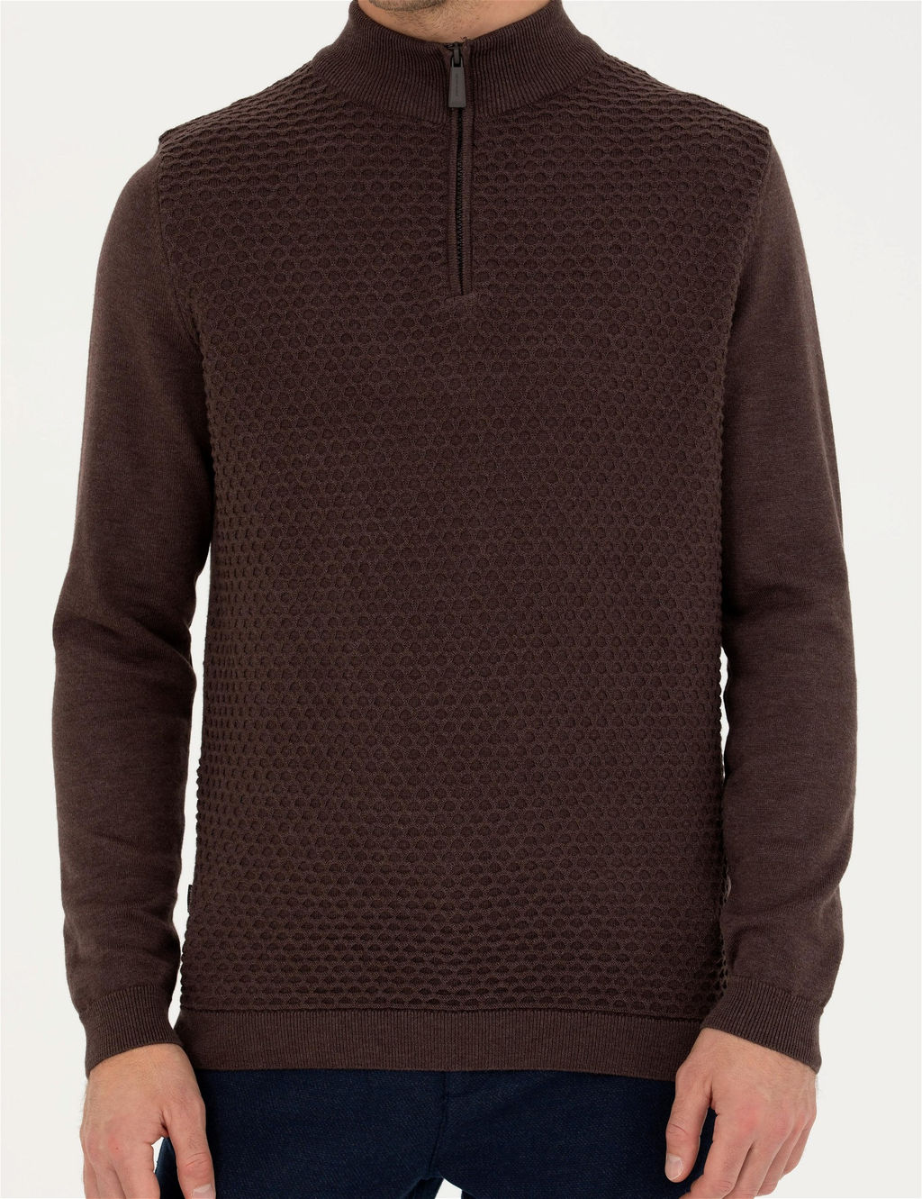 Kahverengi Slim Fit Fermuarl_ Dik Yaka Triko Kazak - Pierre cardin фото 6