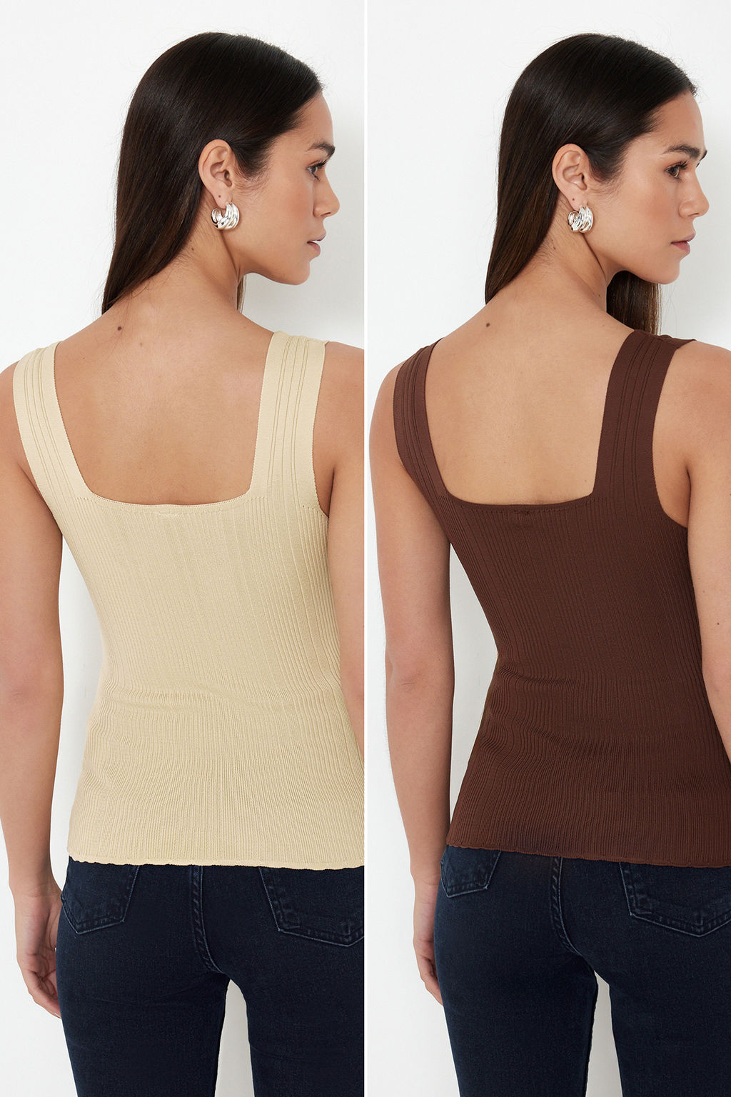 Tas-Kahverengi Basic Ikili Paket Top Ince Bluz TWOSS24BZ00623