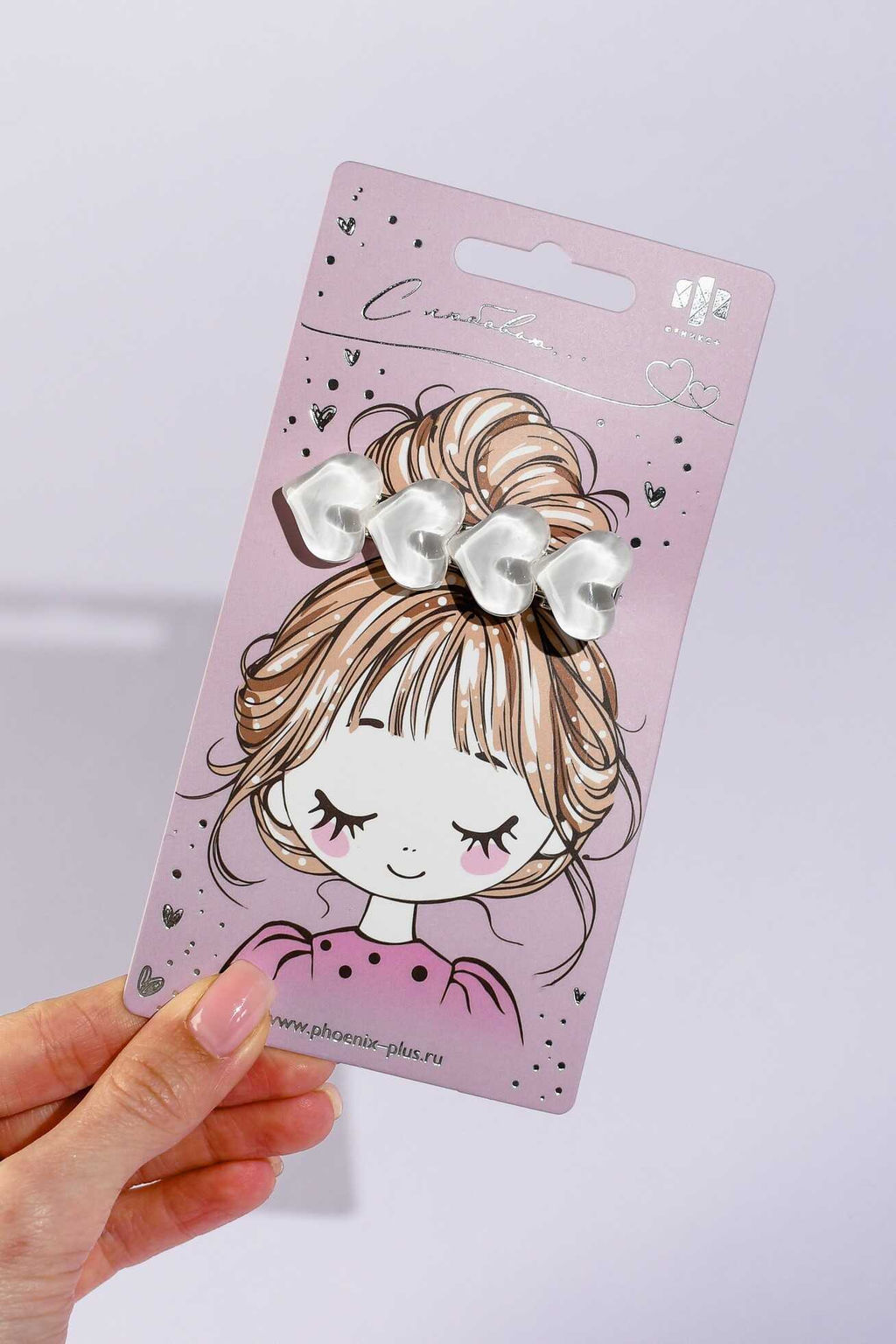 Заколка для волос зажим, арт. 71791 / 10 СЕРДЕЧКИ (в наборе: 1шт., 6 см, черный металл, эпоксидная смола, цвет: белый, подложка из мелованного картона + ПЭТ-пакет с европодвесом)