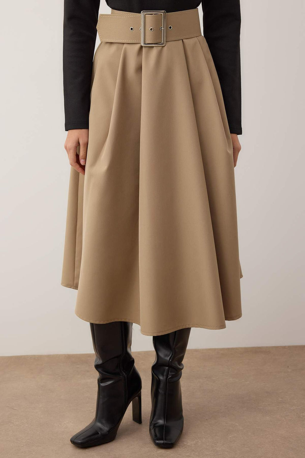 Siyah Midi A Line/Can Kesim Kemerli Alt? Poplin Orme Elbise TWOAW26EL00222 - Trendyolmilla фото 3