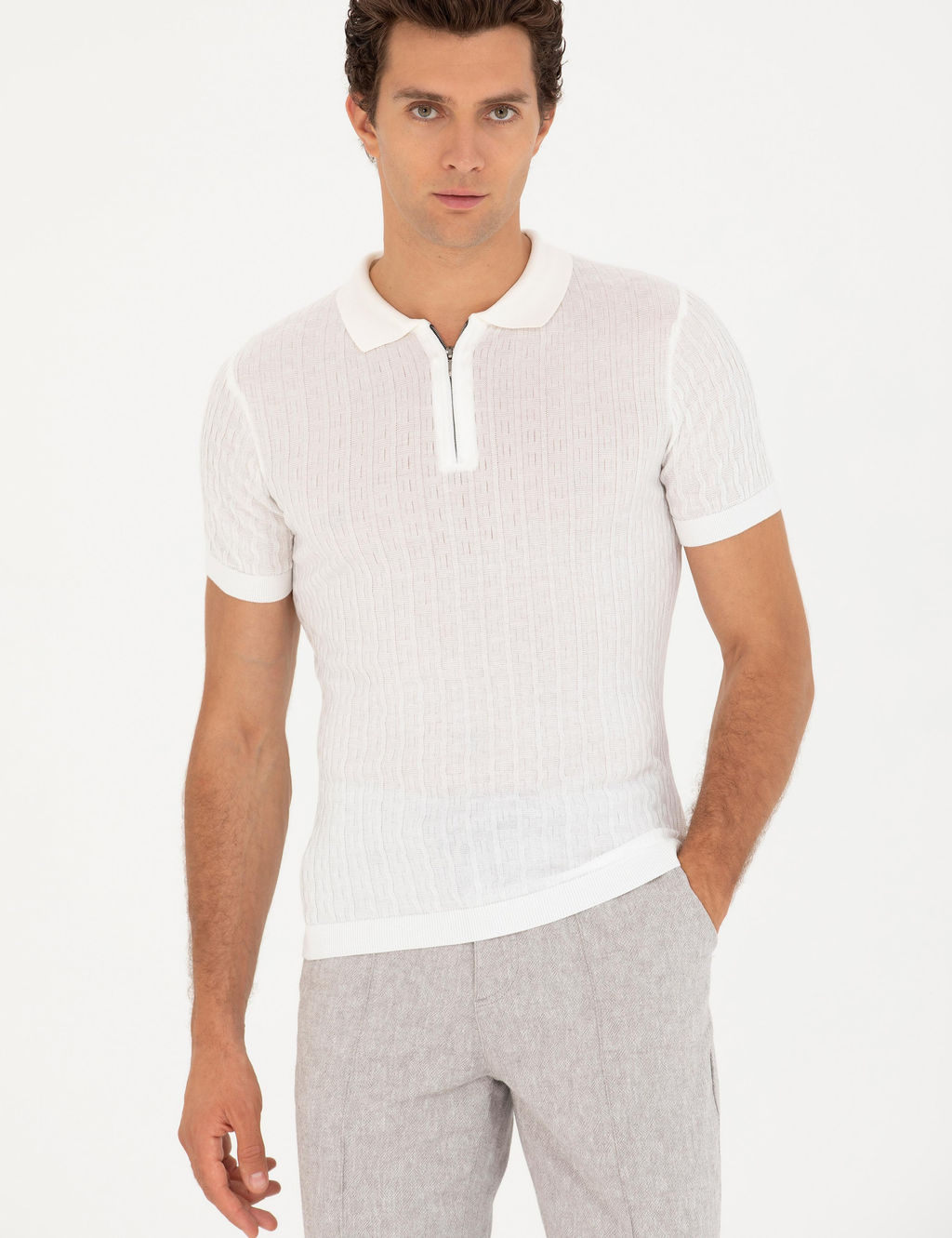 Beyaz Slim Fit Polo Yaka Triko T-Shirt