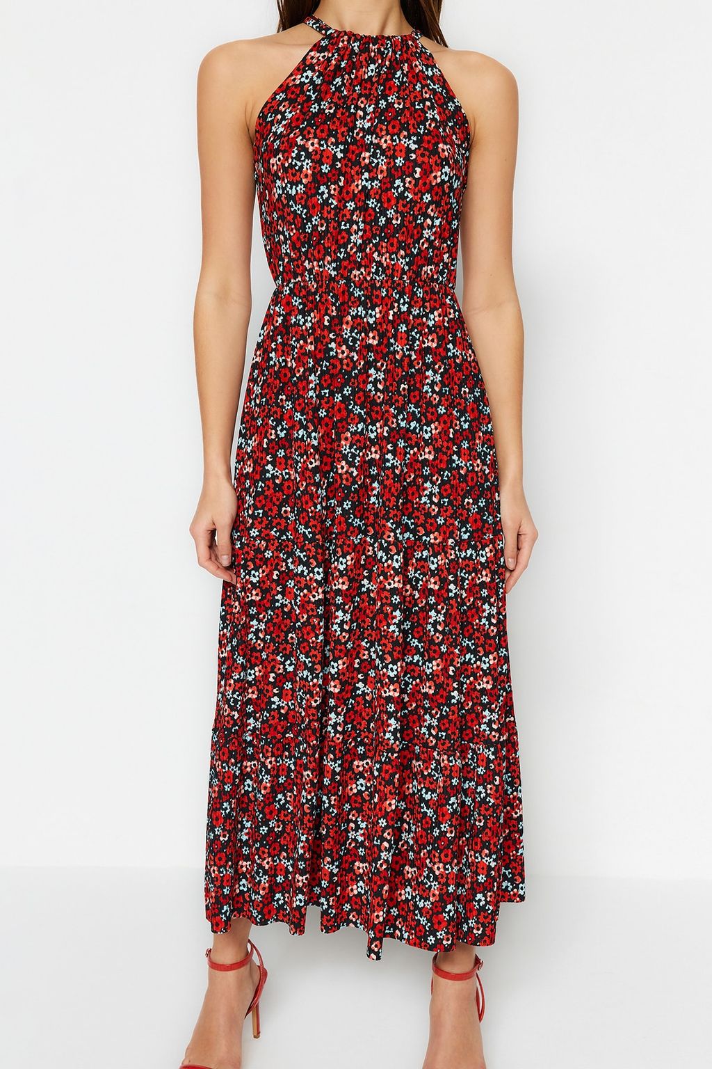 TRENDYOLMILLA Cok Renkli Cicek Desenli Boyundan Baglamal? Bask?l? A-Line Maxi Orme Elbise TWOSS23EL00705 фото 6