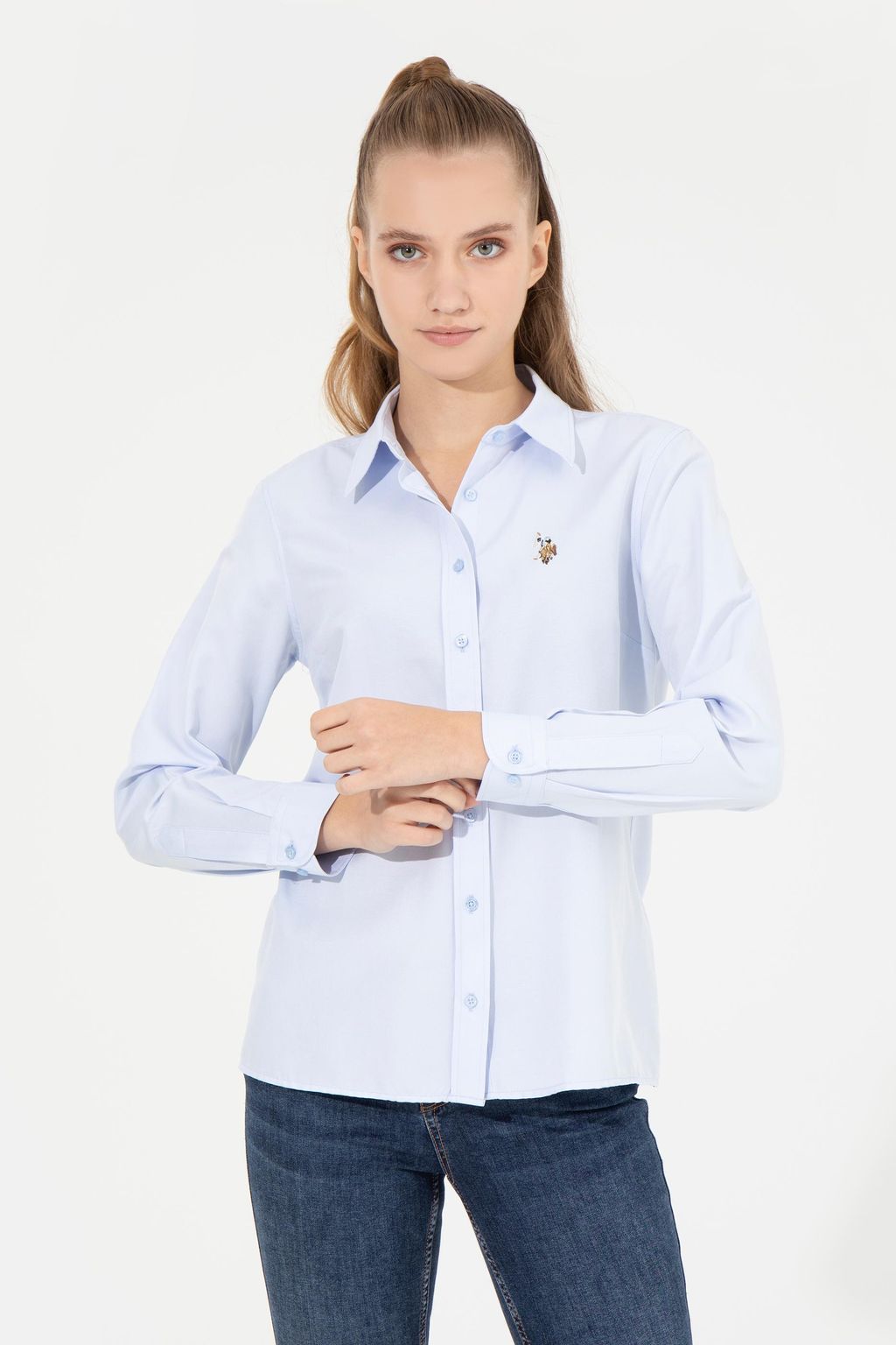 Женская голубая рубашка с длинным рукавом Basic - U.s. polo assn фото 4
