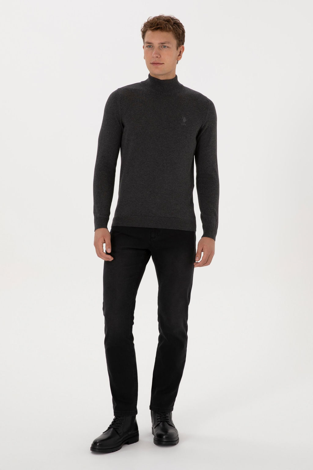 Erkek Slim Fit Yar_m Bo_azl_ Antrasit Melanj Basic Kazak - U.s. polo assn фото 4