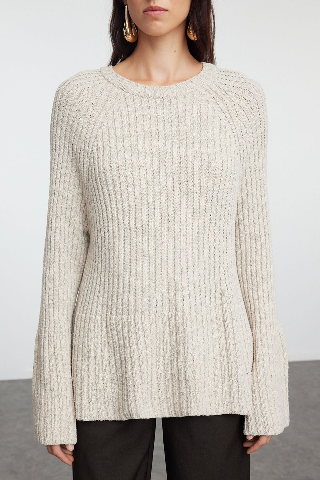 More Sustainable Tas Genis Kal?p Peplum Detayl? Pamuklu Triko Kazak TWOAW25KZ00305