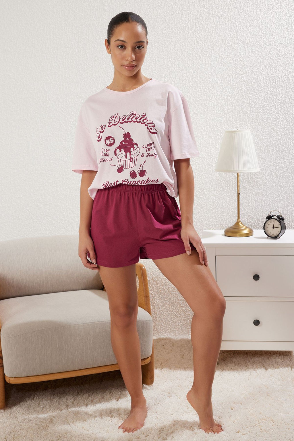 Trendyolmilla Ac?k Pembe %100 Pamuklu Bask?l? Sortlu Orme Pijama Tak?m? THMSS25PT00218