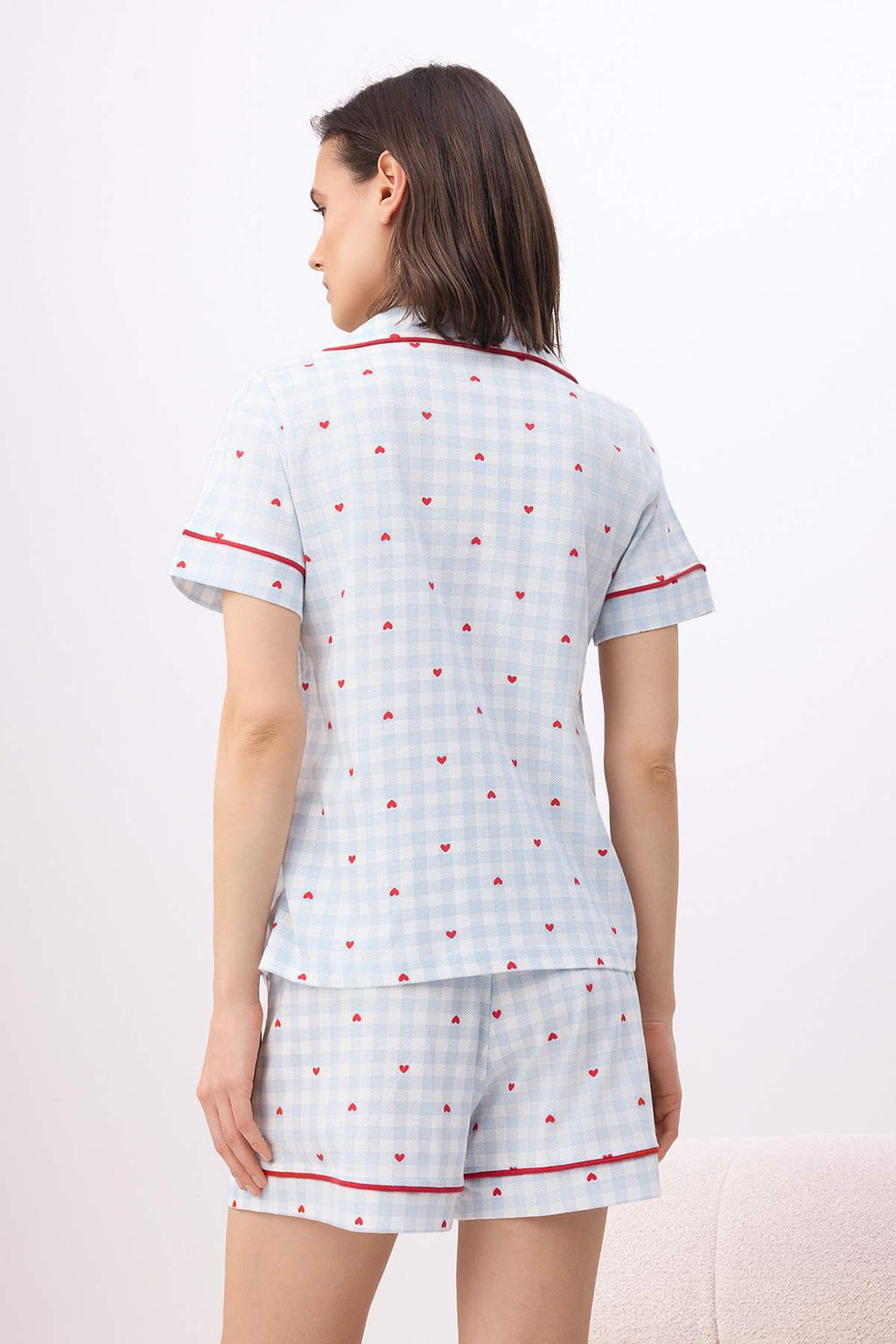 Mavi %100 Pamuklu Kalp ve Ekose Bask?l? Biyeli Orme Pijama Tak?m? THMSS26PT00157 - Trendyolmilla фото 4