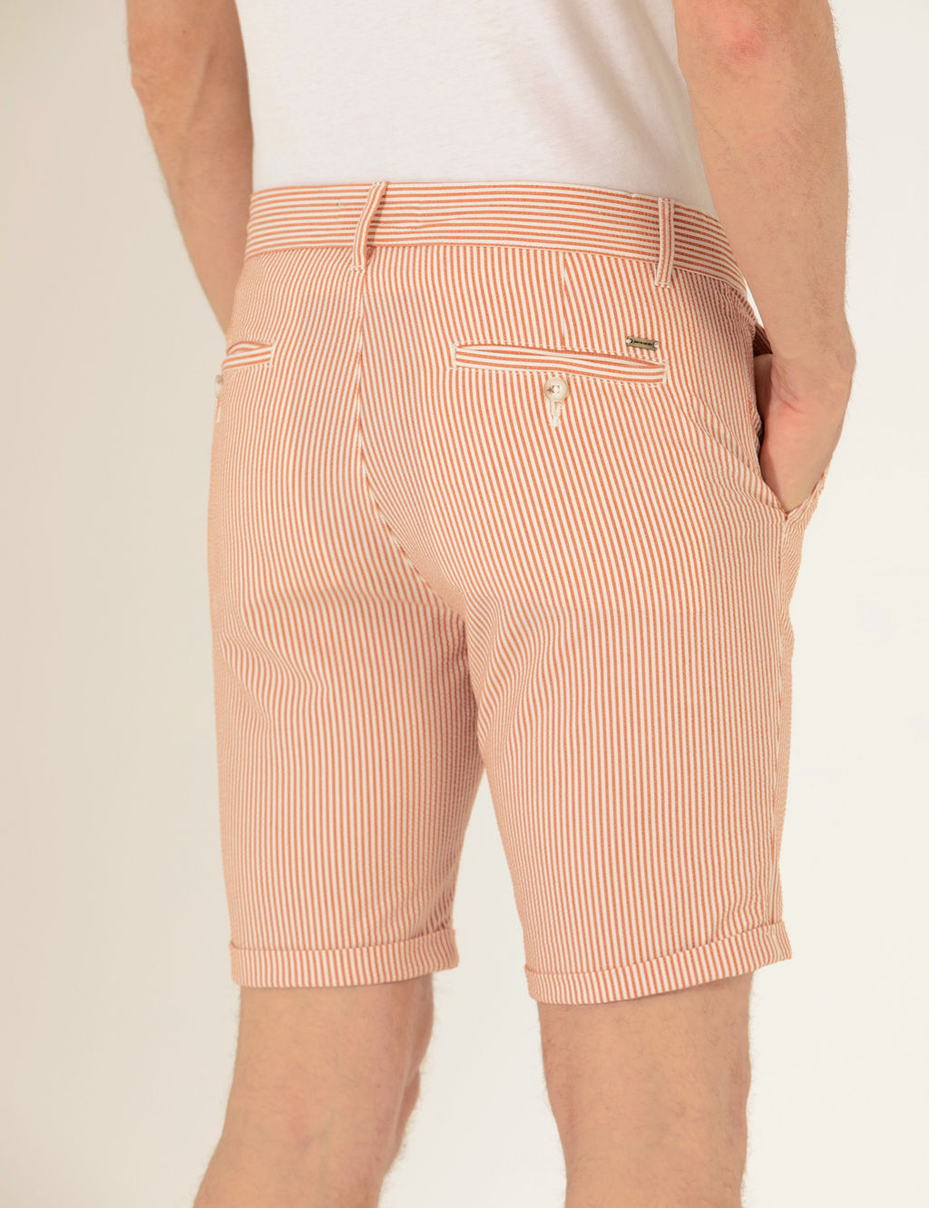 Turuncu Slim Fit Beli Lastikli _izgili Ba_c_kl_ Bermuda _ort