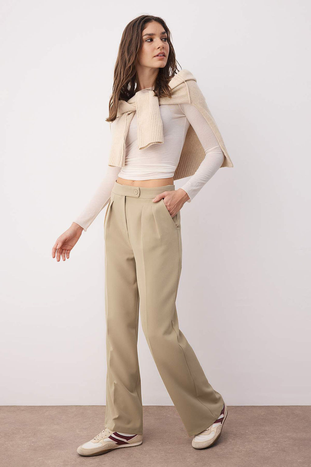 Vizon Wide Leg/Genis Paca Yuksek Bel Dokuma Kumas Pantolon TWOAW22PL0066