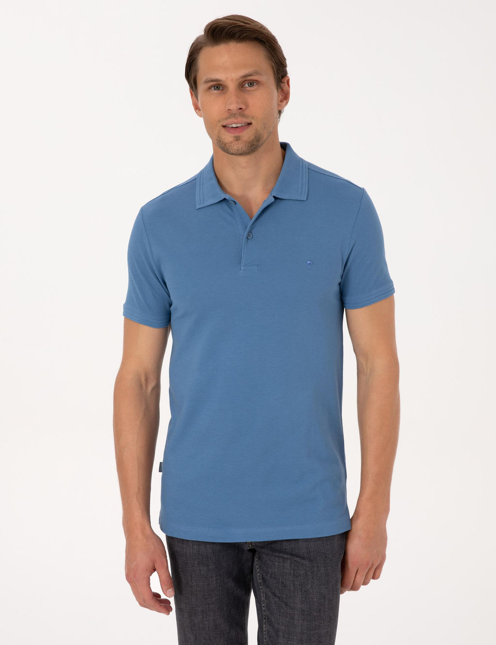 Koyu Mavi Slim Fit %100 Pamuk K_vr_lmaz Polo Yaka Basic Ti__rt