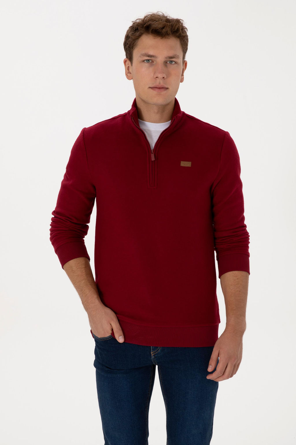 Erkek Regular Fit Yar_m Fermuarl_ Bordo Basic Sweatshirt