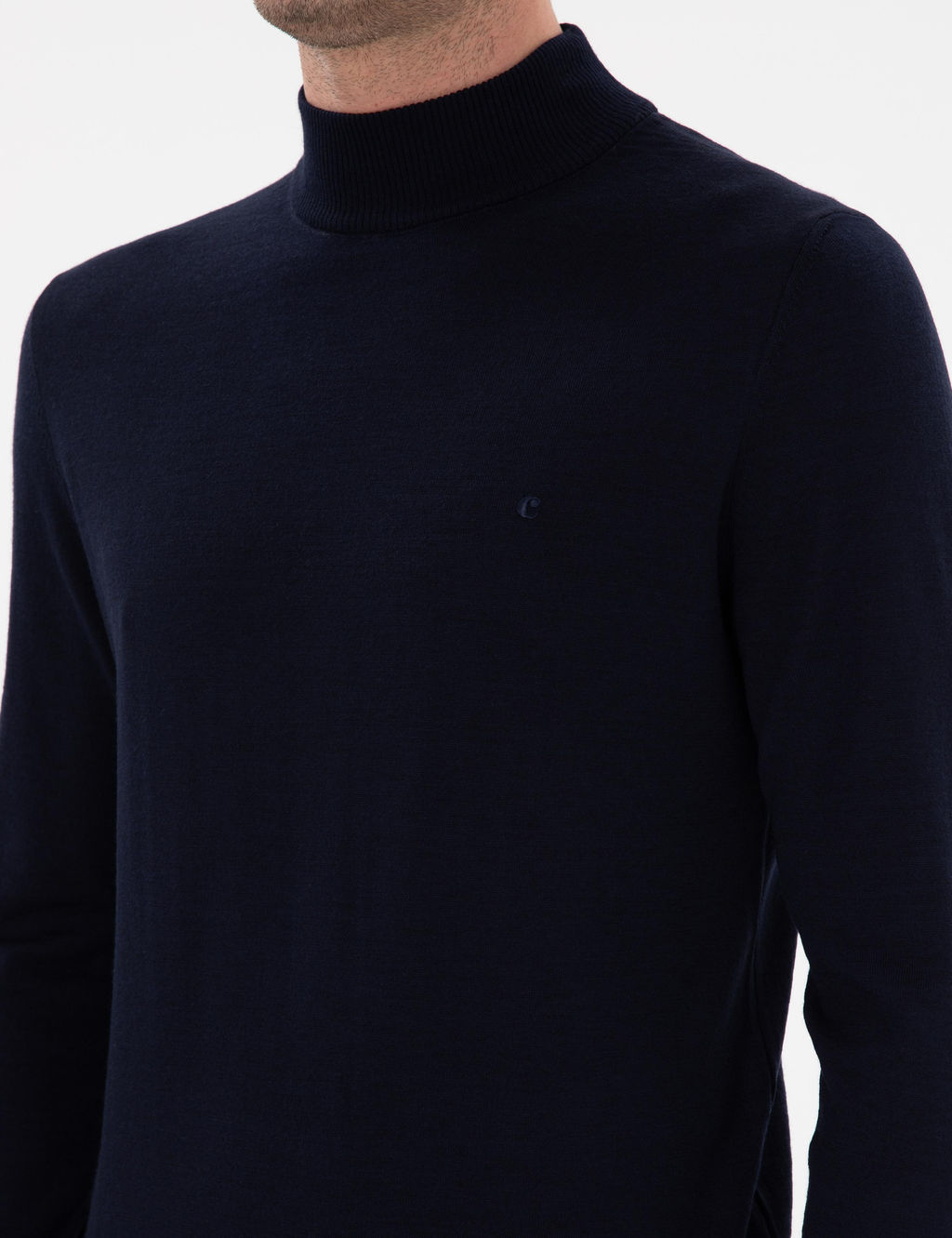 Lacivert Slim Fit Y_n Kar___ml_ Yar_m Bal_k__ Yaka Basic Triko Kazak