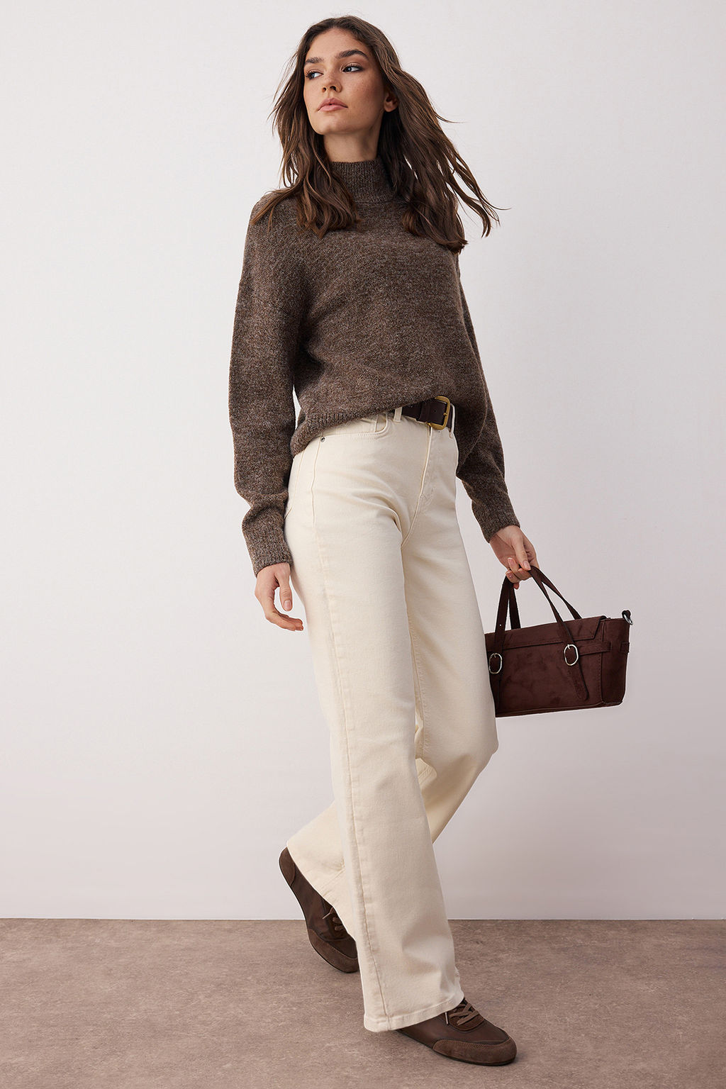 TRENDYOLMILLA Cok Renkli Leopar Desenli Kahverengi Yuksek Bel Wide Leg Jeans TWOAW25JE00309