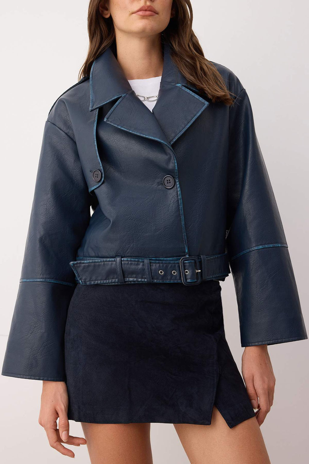 Lacivert Kruvaze Regular K?sa Trenckot TWOAW26TR00006 - Trendyolmilla фото 3