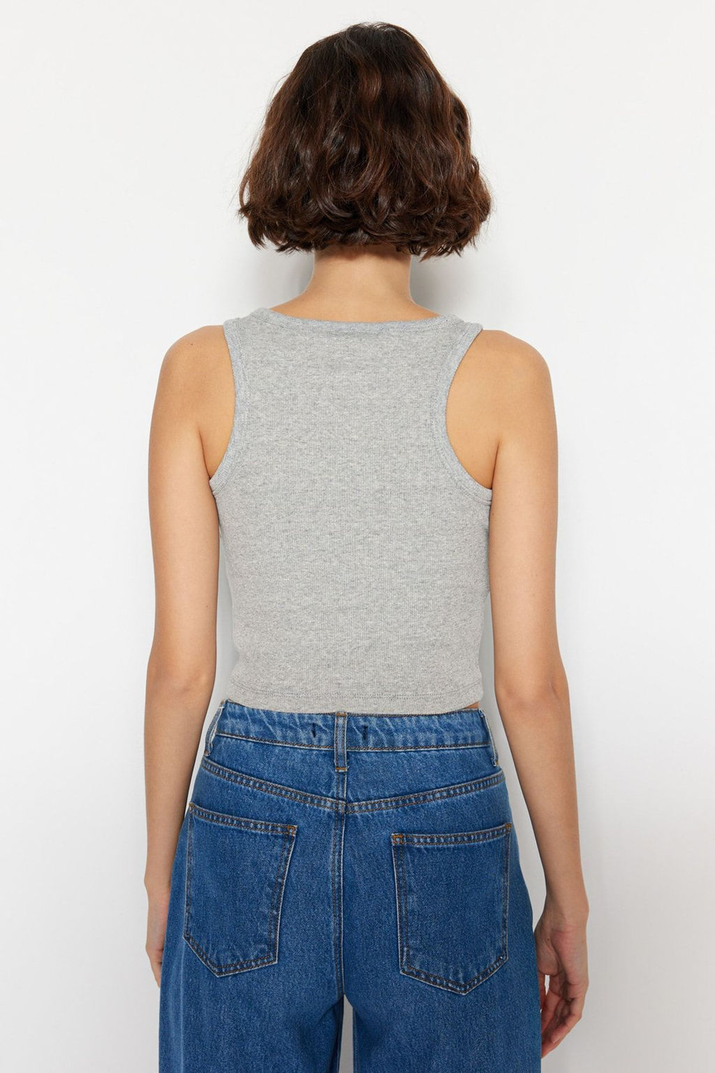 Lacivert-Gri 2li Paket Fitted/Vucuda Oturan Crop Halter Yaka Fitilli Esnek Orme Atlet TWOSS21AL0058