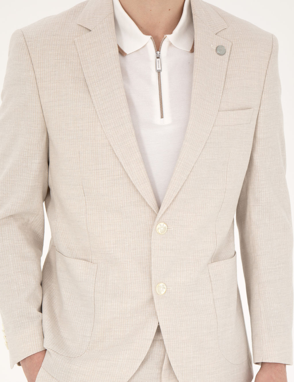 Bej Slim Fit Keten Kar___ml_ _izgili Tak_m Elbise