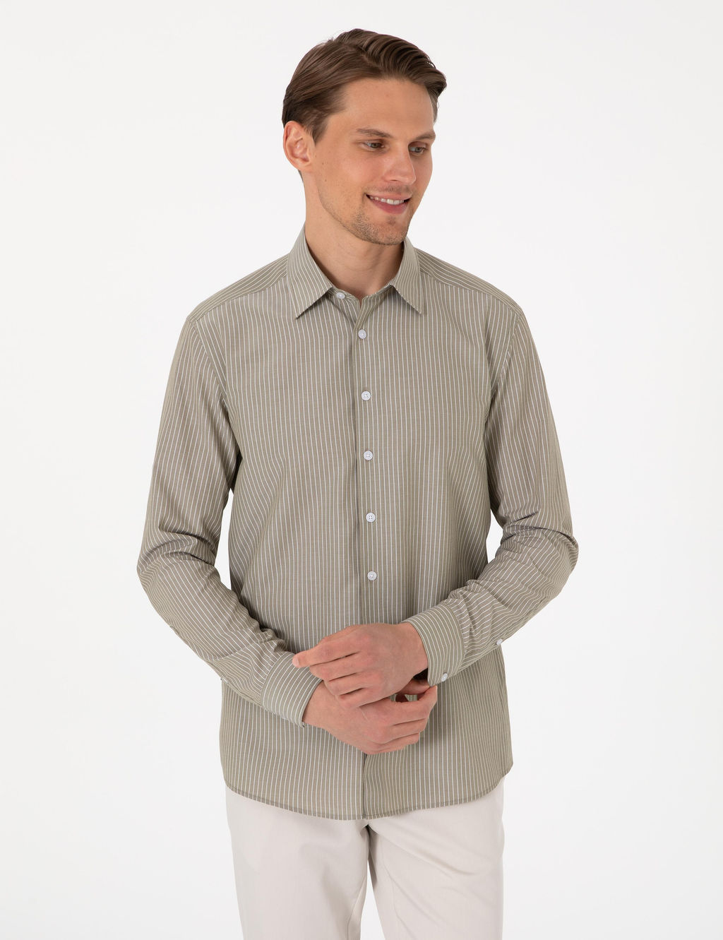 Haki Slim Fit _izgili Uzun Kollu G_mlek