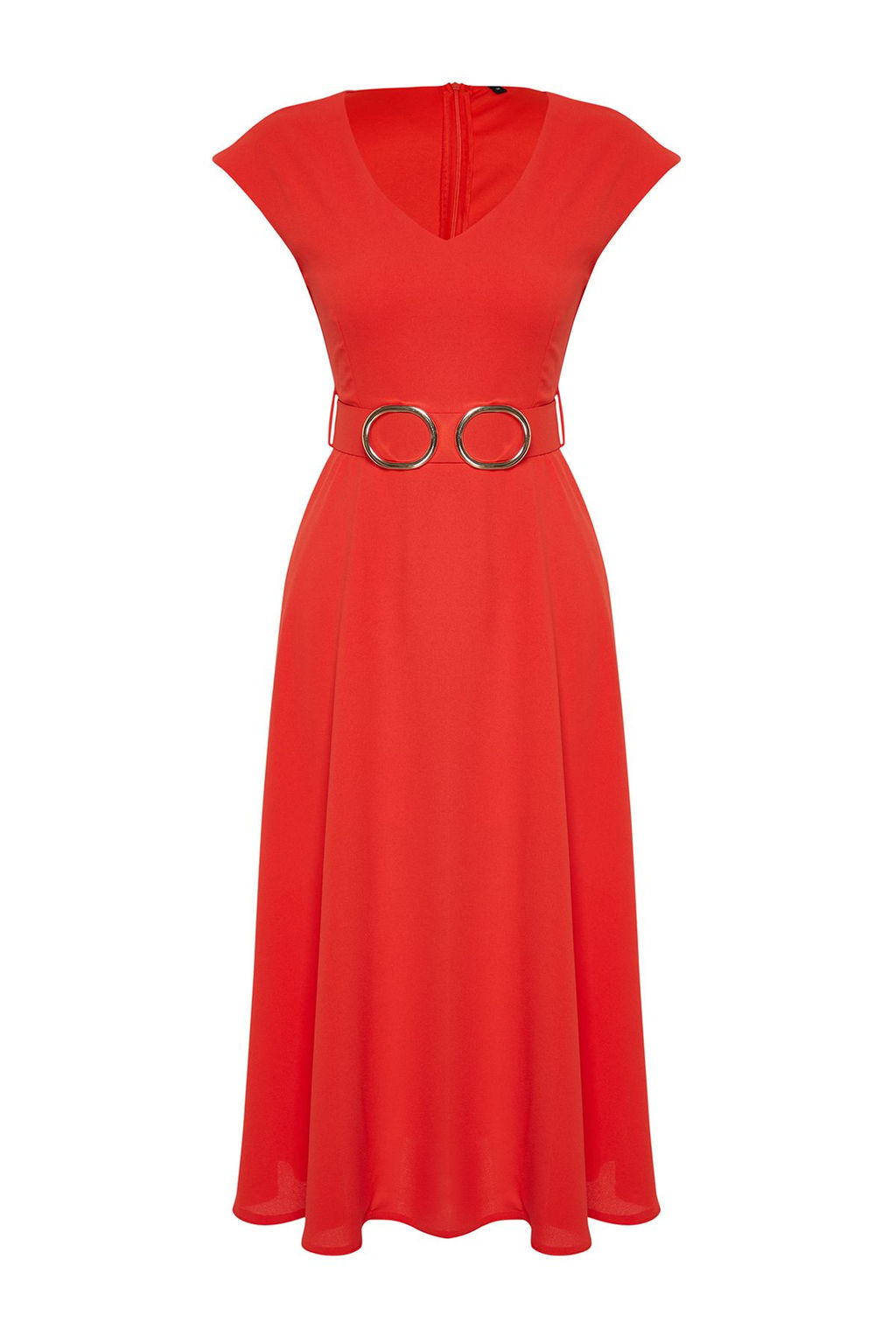 K?rm?z? Kemerli Etegi Belden Ac?lan Midi Krep Dokuma Elbise TWOSS24EL00018 - Trendyolmilla фото 7