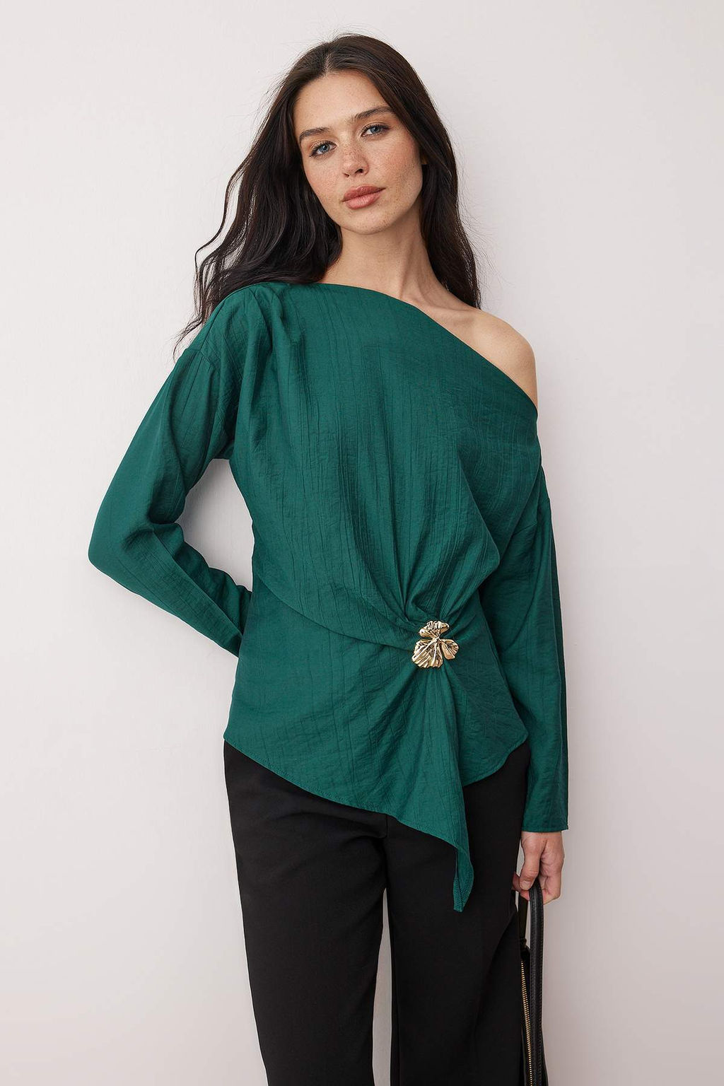 Ordek Bas? Yesili Aksesuar Detayl? Dusuk Omuz Dokuma Bluz TWOAW26BZ00280