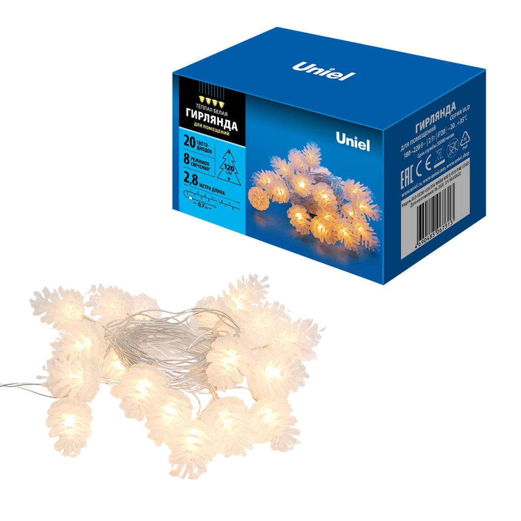 ULD-S0280-020/DTA WARM WHITE IP20 PINE CONES Гирлянда светодиодная Шишки , 20 светодиодов, 2,8 м, теплый белый, IP20, провод прозрачный.