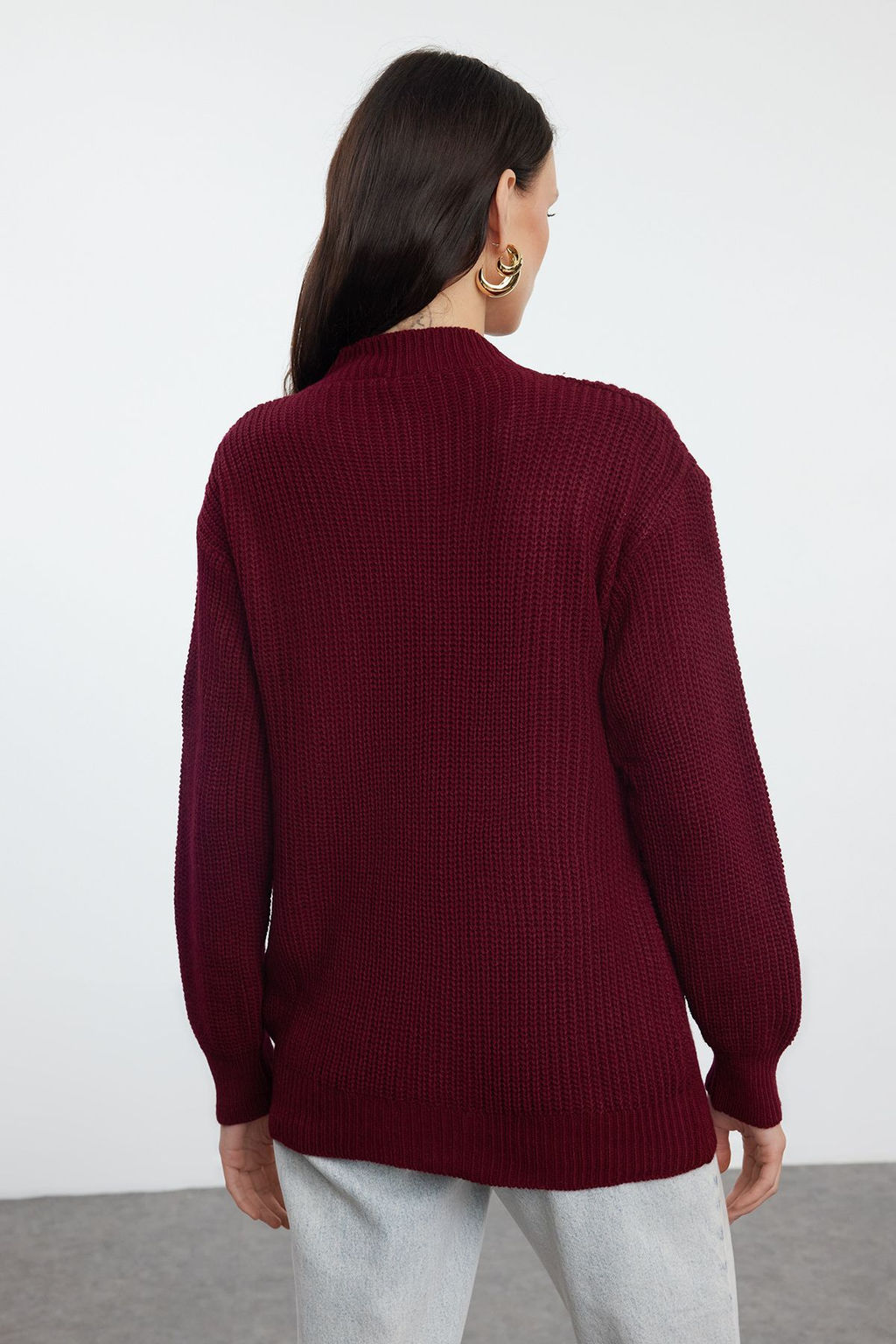 Bordo Ajurlu/Delikli V Yaka Triko Kazak TWOAW21KZ0690 - Trendyolmilla фото 5