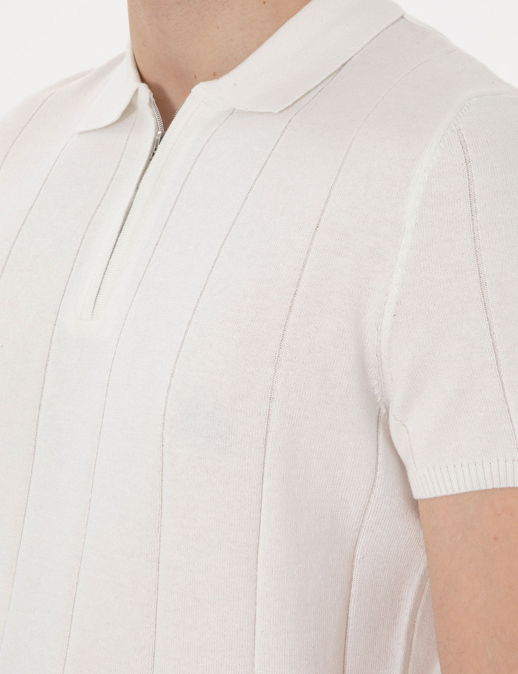 Ekru Slim Fit Fermuarl_ Polo Yaka Triko Ti__rt