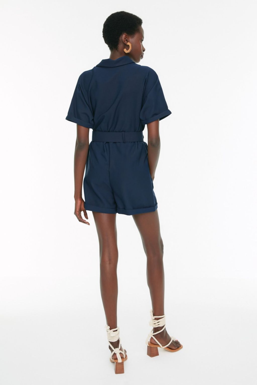 Lacivert Kemerli Kurvaze Yaka Mini Dokuma Tulum TWOSS19WX0112