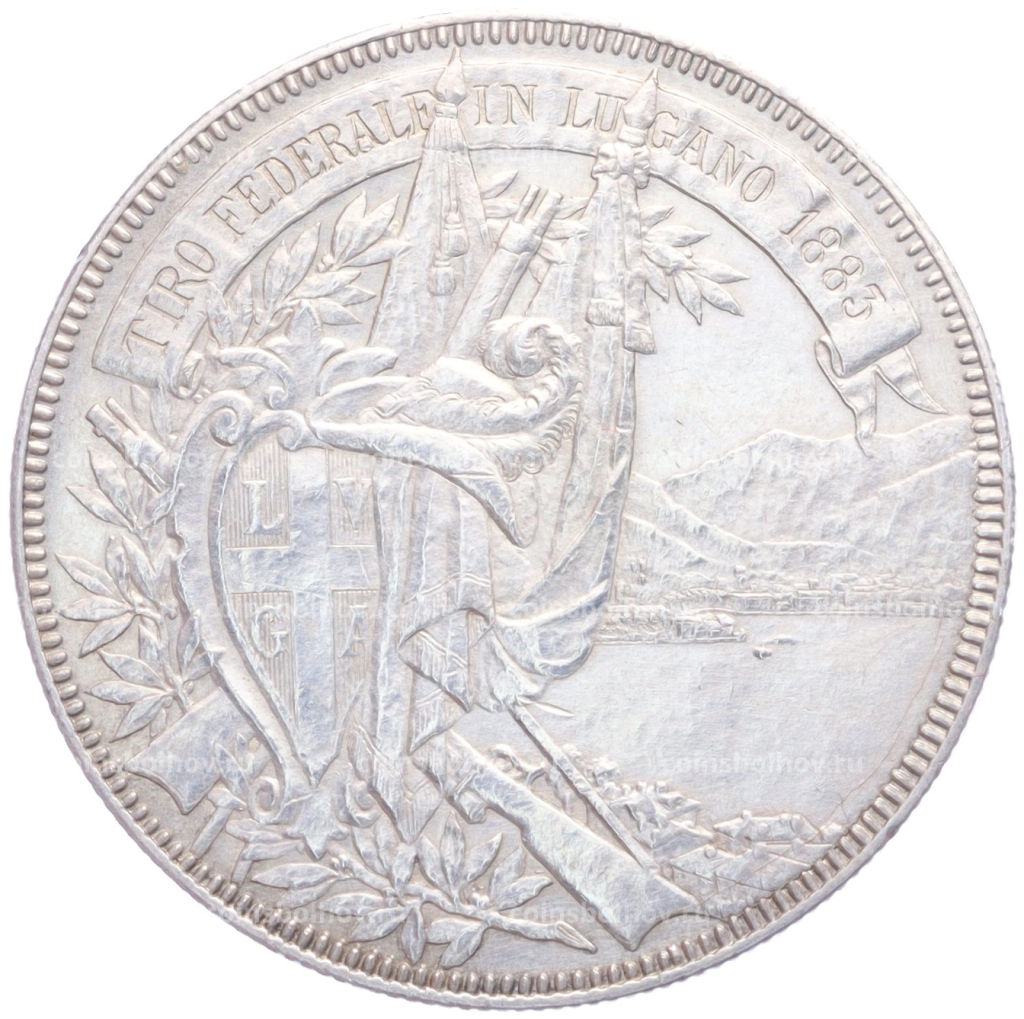 Монета 5 франков 1883 года Швейцария Стрелковый фестиваль в Лугано