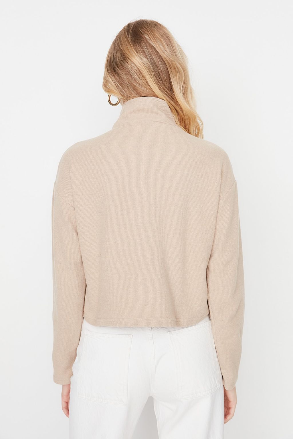 Bej Selanik/Triko Gorunumlu Fermuarl? Yaka Regular/Normal Kal?p Orme Sweatshirt TWOAW22SW0732