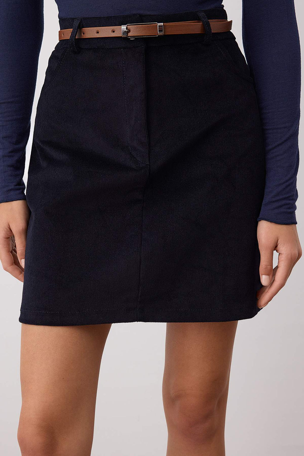 Lacivert Kemerli A-Line/Can Dokuma Fitilli Kadife Mini Etek TWOAW26ET00109 - Trendyolmilla фото 3
