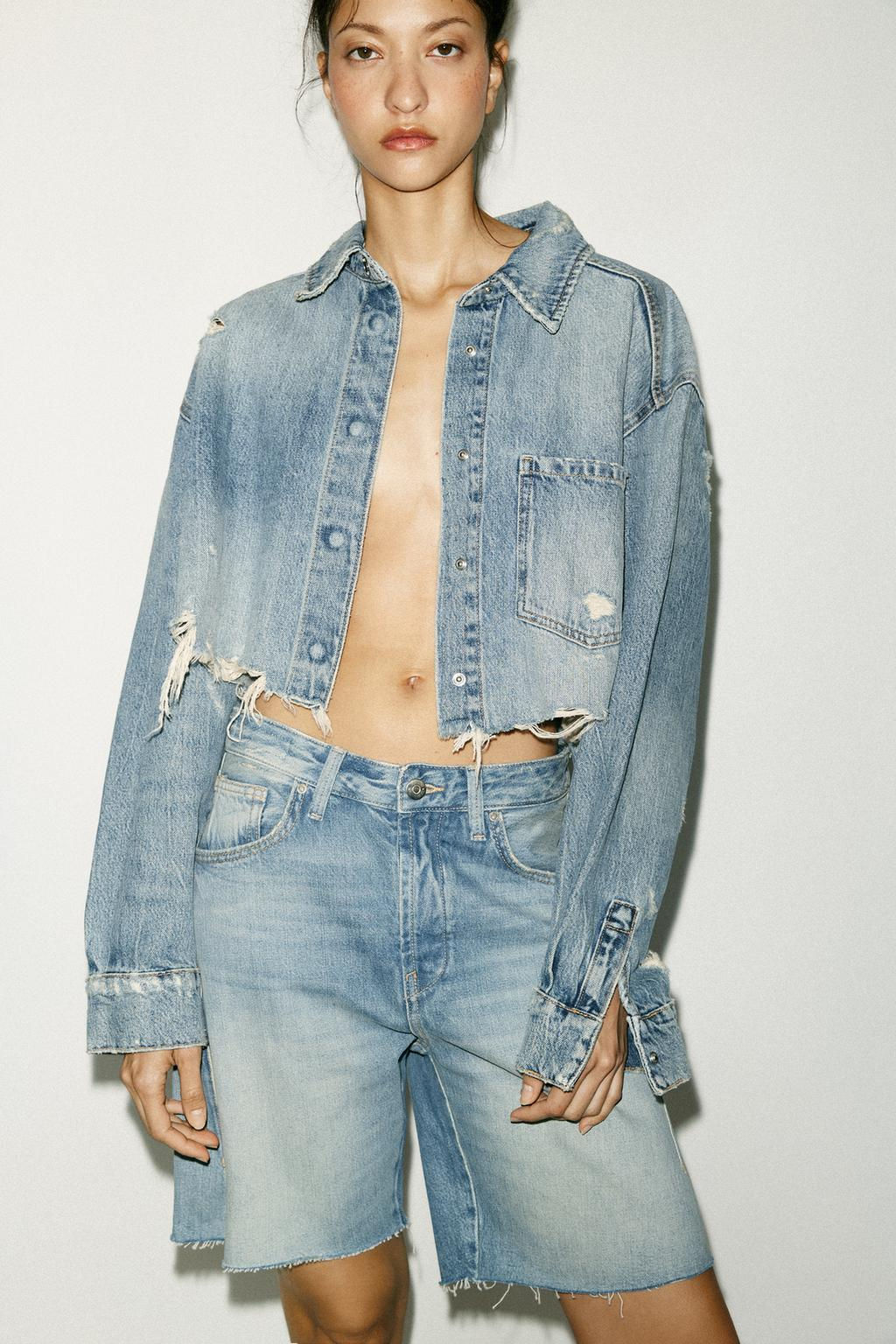 TRF MID-WAIST BELT LOOP DENIM BERMUDA SHORTS - Zara фото 3