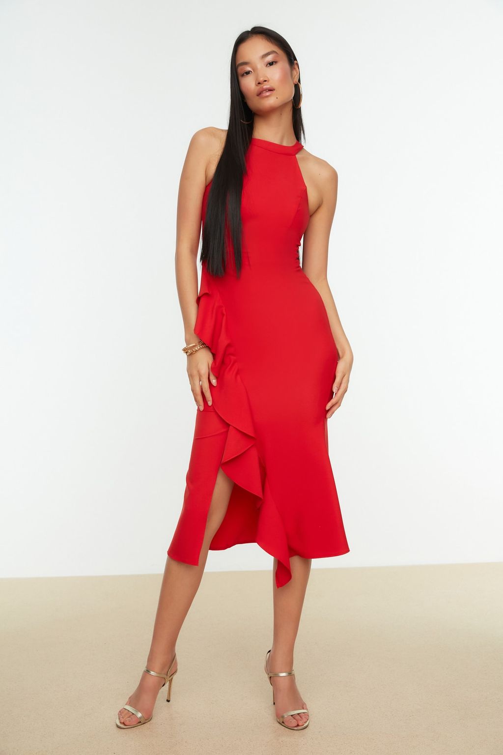 TRENDYOLMILLA Siyah Astarl? Volanl? Dokuma S?k Abiye Elbise TPRAW19BB0144 фото 3