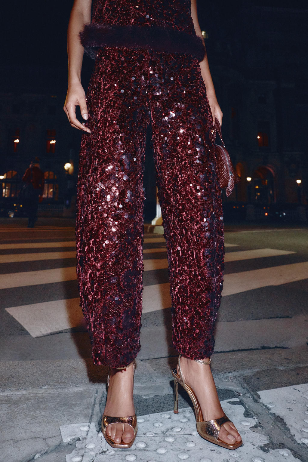 SEQUINNED BARREL TROUSERS