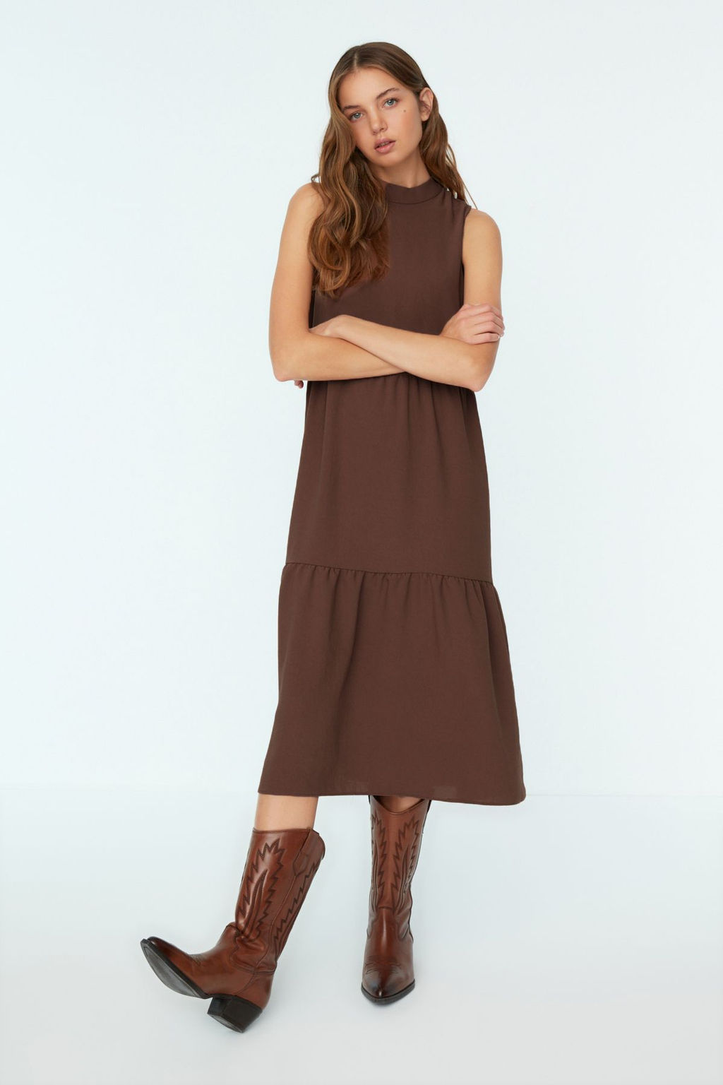 Kahverengi Shift/Duz Kesim Dik Yaka Midi Dokuma Elbise TWOSS20EL1864