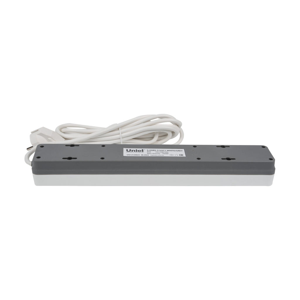 S-GSR5-3 U2C1 WHITE/GREY Сетевой фильтр серии Standard, шнур 3м (Пвс 3х0,75), 5 гнезд, с/з, 2USB+1TYPE C, 10A, 2500Вт. Белый/серый. TM Uniel