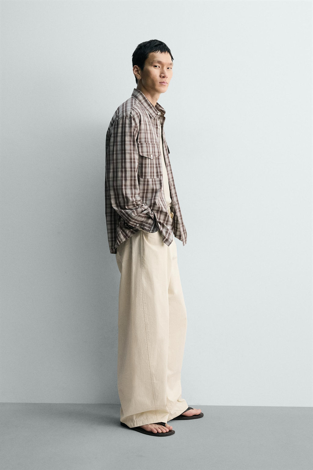 CAMISA CROPPED FIT CUADROS / Marr?n / Crudo - Zara фото 4