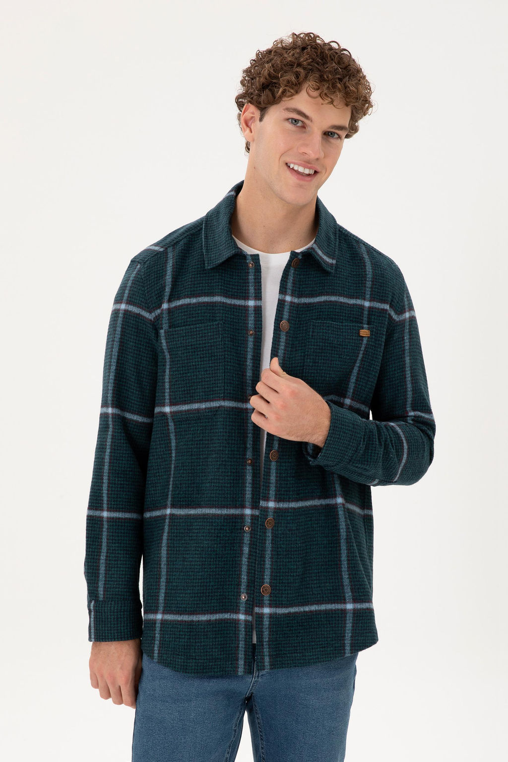 Мужская темно-зеленая рубашка с длинным рукавом