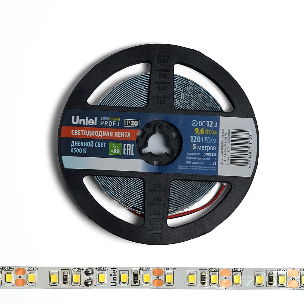 ULS-M13-2835-120LED/m-8mm-IP20-DC12V-9,6W/m-5M-6500K PROFI Гибкая светодиодная лента на самоклеящейся основе. Катушка 5м. в герметичной упаковке. Дневной свет (6500K). ТМ Uniel.