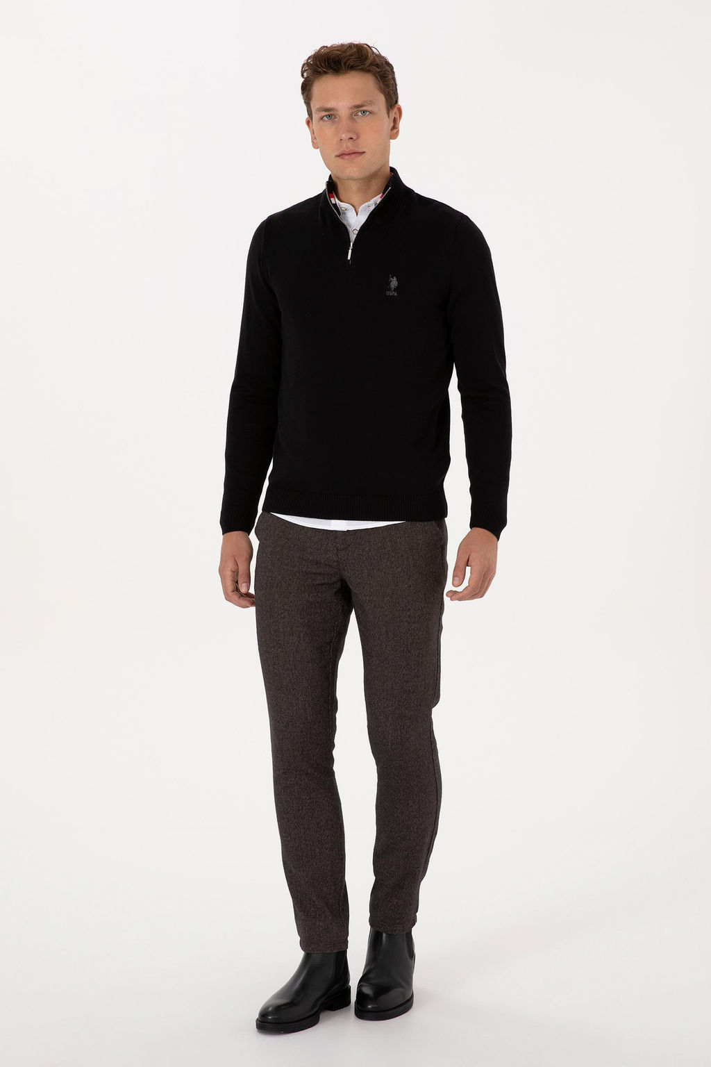 Erkek Slim Fit Yar_m Fermuarl_ Siyah Kazak