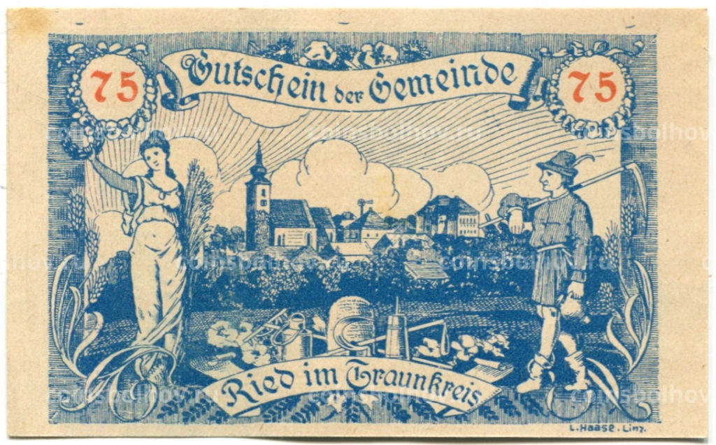 75 геллеров 1920 года Австрия Рид-им-Траункрайс (нотгельд)