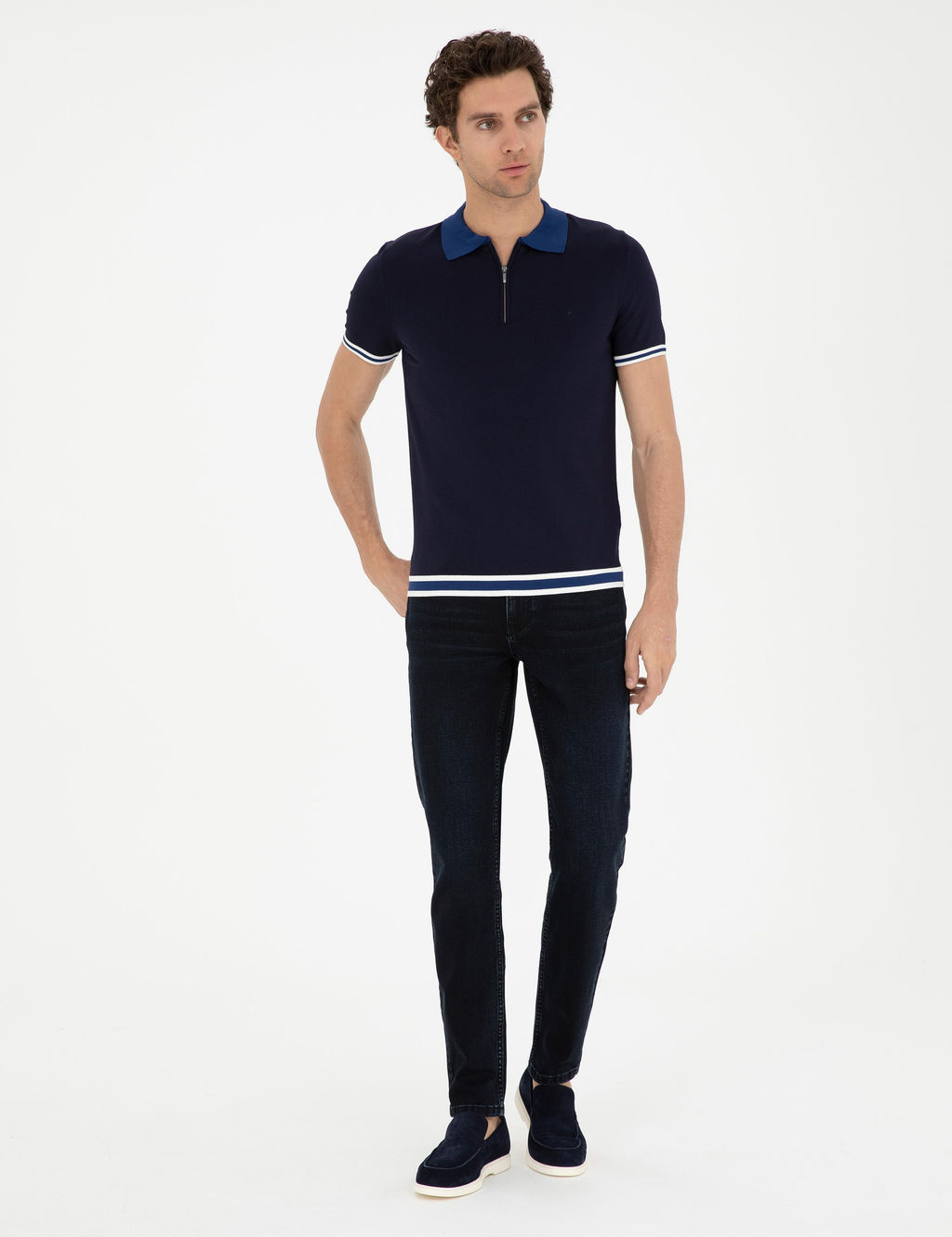 Lacivert Slim Fit Fermuarl_ Polo Yaka Triko T-shirt
