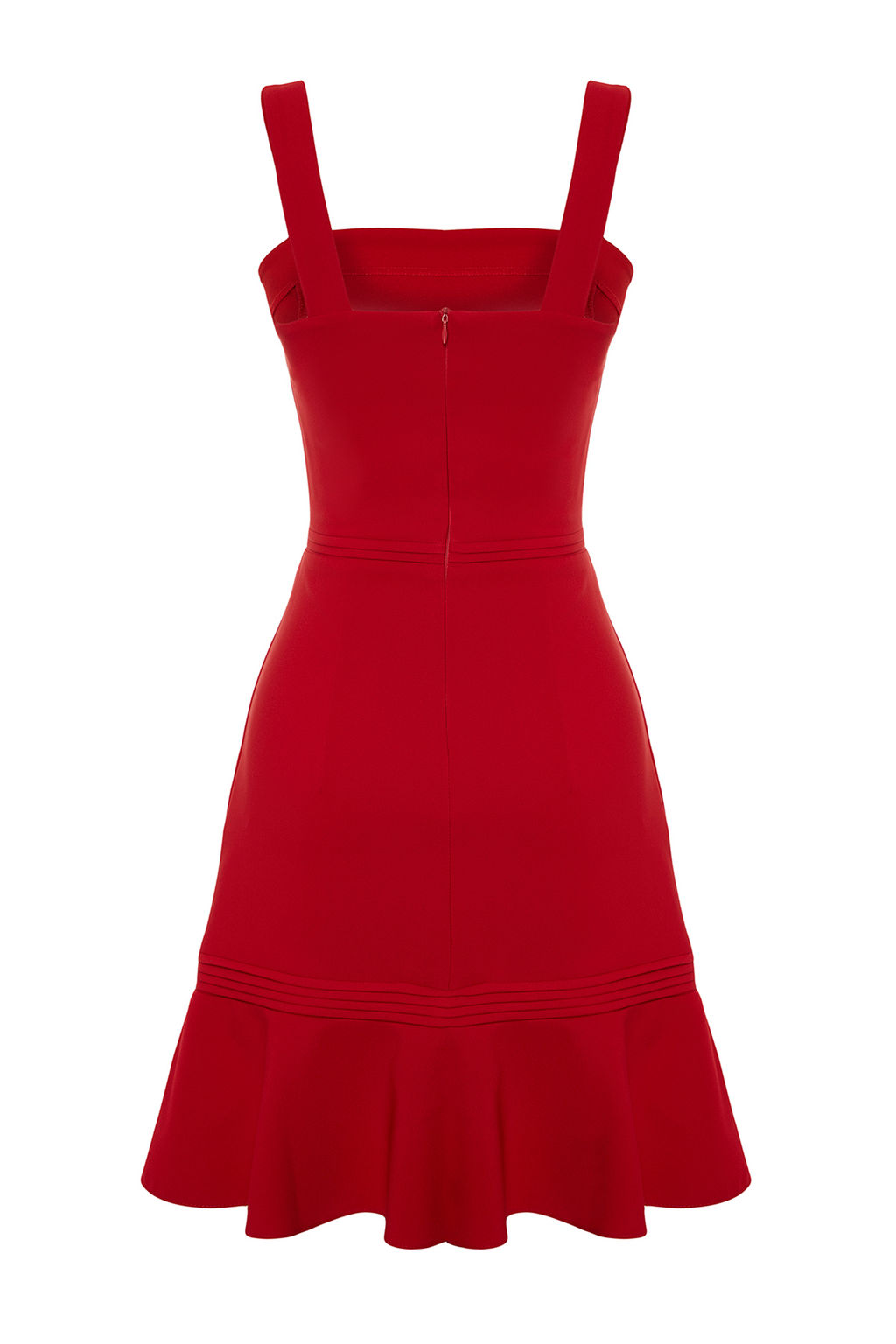 K?rm?z? Nervur Detayl? Etegi Volanl? Ask?l? A Kesim Dokuma Mini Elbise TWOSS20EL2504