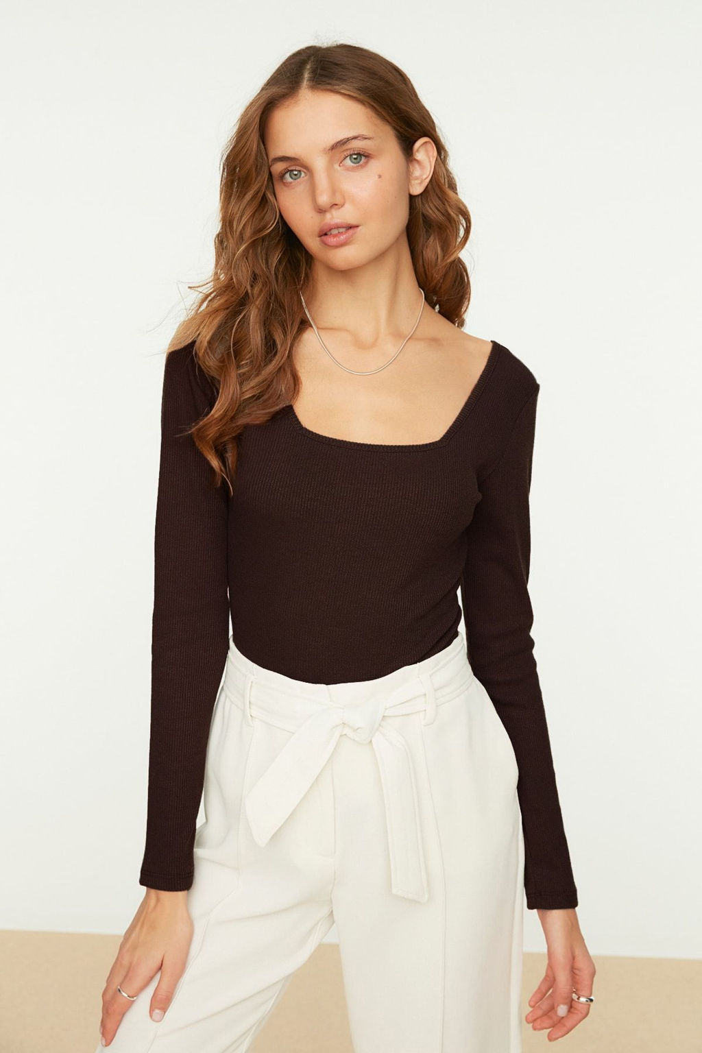 TRENDYOLMILLA Siyah Kare Yaka Uzun Kollu Fitilli Esnek C?tc?tl? Orme Body TWOAW21BD0022  фото 11